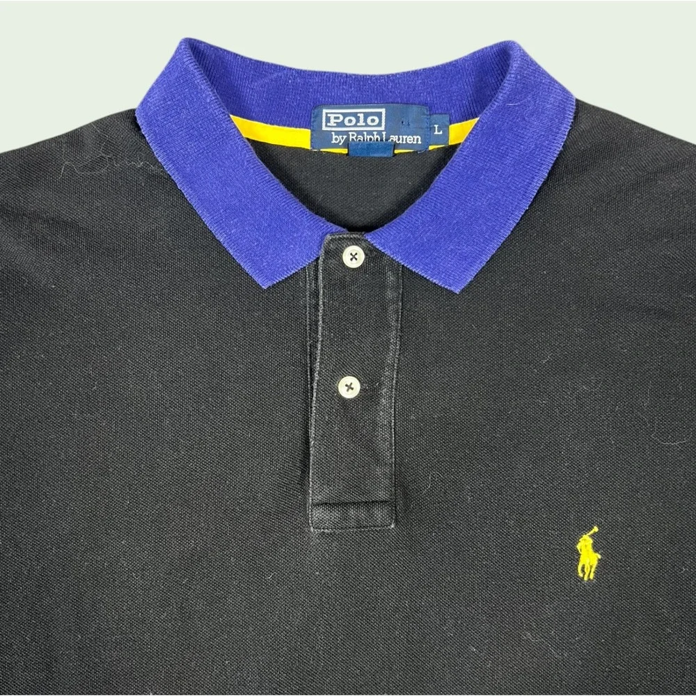 Vintage Polo Ralph Lauren Polo Shirt Men's Large Blue Collar Yellow Pony Faded